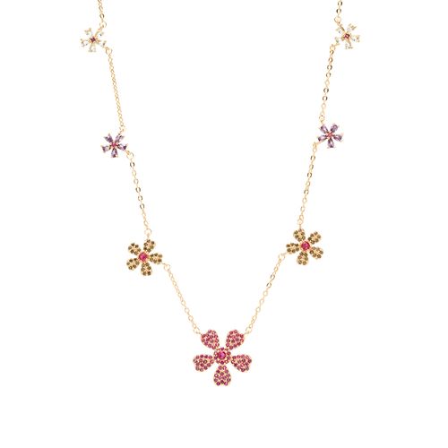 Colar Floral de Cristal Topázio Azul, Cristal Ametista, Cristal Turmalina Rosa e Zircônias Coloridas 50cm - Banho de Ouro 18k