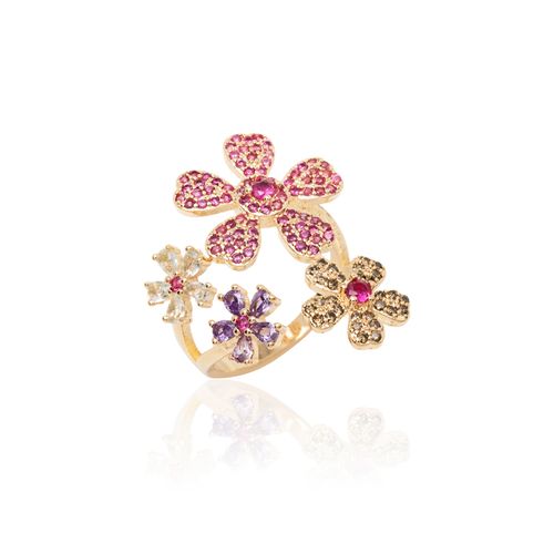 Anel Flores de Cristal Topázio Azul, Cristal Ametista, Cristal Turmalina Rosa e Zircônias Coloridas - Banho de Ouro 18k