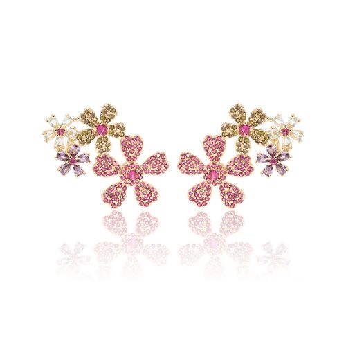 Brinco Earcuff Flores de Cristal Topázio Azul, Cristal Ametista, Cristal Turmalina Rosa e Zircônias Coloridas - Banho de Ouro 18k