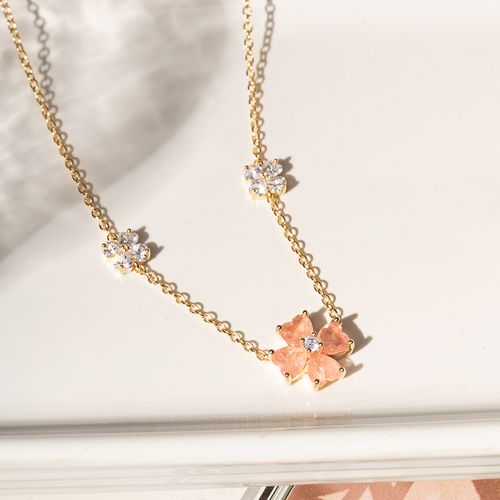 Colar Clover com Cristal Podange e Zircônias Brancas 45cm - Banho de Ouro 18k