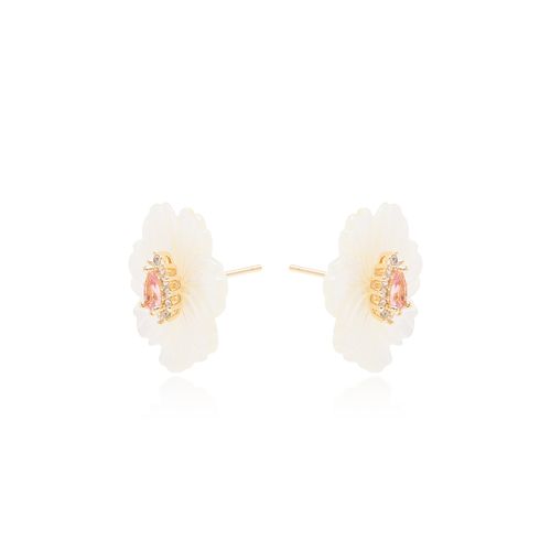 Brinco Flor Versátil 20mm de Madrepérola com Cristal Quartzo Rosa e Zircônias Brancas - Banho de Ouro 18k
