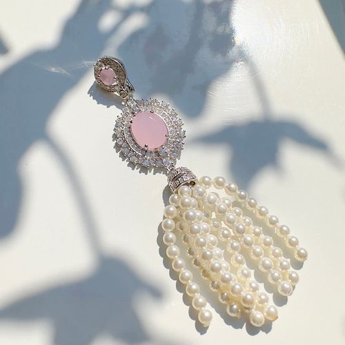 Pingente cristal quartzo rosa perola zirconia branca espelho com tassel (promoção 50%)
