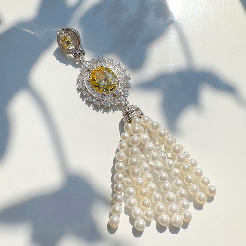Pingente cristal citrino perola zirconia branca espelho com tassel (promoção 50%)