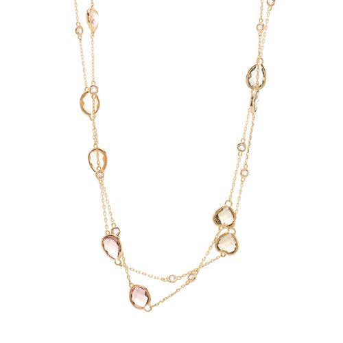 Colar Cravação Lentilha Formas com Cristal Rodolita, Cristal Paraiba, Cristal Turmalina Rosa 84cm - Banho de Ouro 18k