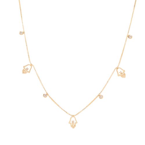 Colar Mão de Fátima com Zircônias Brancas 48cm - Banho de Ouro 18k