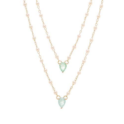 Colar Escapulário Gotas de Fusion Esmeralda Colombiana, Fusion Turmalina Light e Pérolas Coreanas 65cm - Banho De Ouro 18k