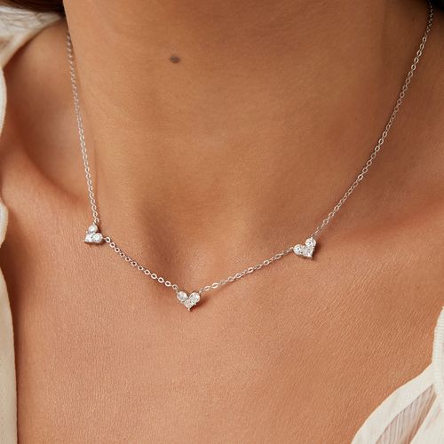 Colar Corações Moissanite 3mm com 0,11CT / 11 Pontos D - VVS1 45cm - Prata 925