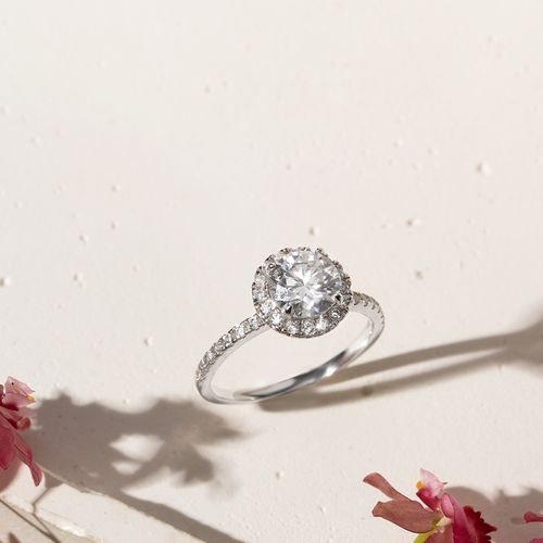 Anel Moissanite Solitário Lapidação Brilhante 7mm 1,20 CT /120 Pontos D - VVS1 e Zircônias Brancas Cravação Halo  - Prata 925