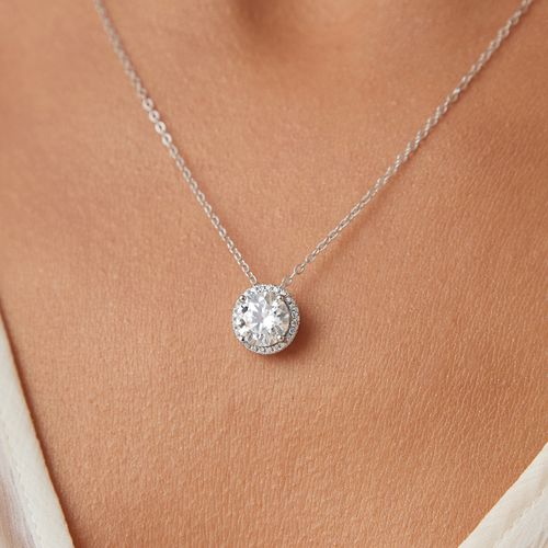 Colar Moissanite Lapidação Brilhante de 8mm 2,0 CT/ 200 Pontos D VVS1 e Zircônias Brancas Cravação Halo 45cm - Prata 925
