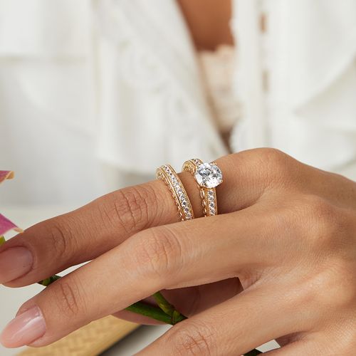 Kit de Anéis Solitário com Aparador Pontos de Zircônias Brancas - Banho de Ouro 18k