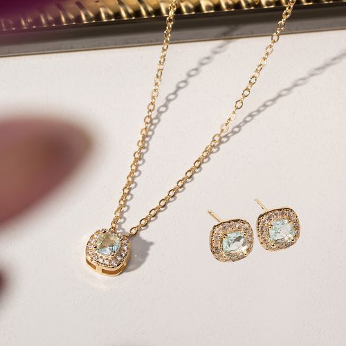 Conjunto de Brinco e Colar Quadradinho 7mm com Cristal Topázio Azul e Zircônias Brancas 45cm - Banho de Ouro 18k