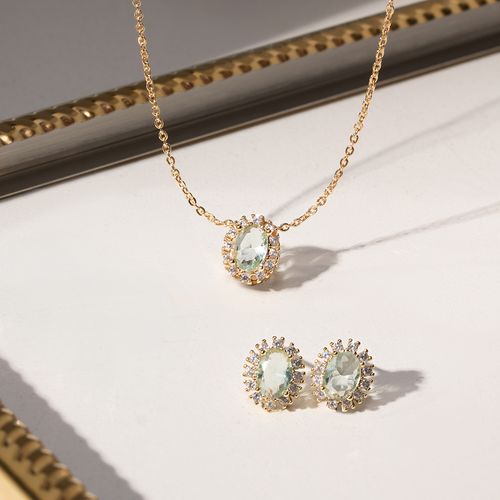 Conjunto com Brinco e Colar Ovalzinho de Cristal Berilo e Zircônias Brancas 45cm - Banho de Ouro 18k