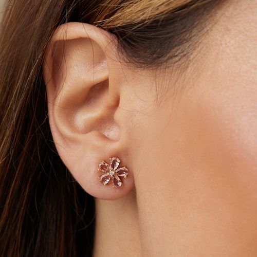 Brinco Top Flores de Gotas com Cristal Rodolita e Zircônias Brancas - Banho de Ouro 18k
