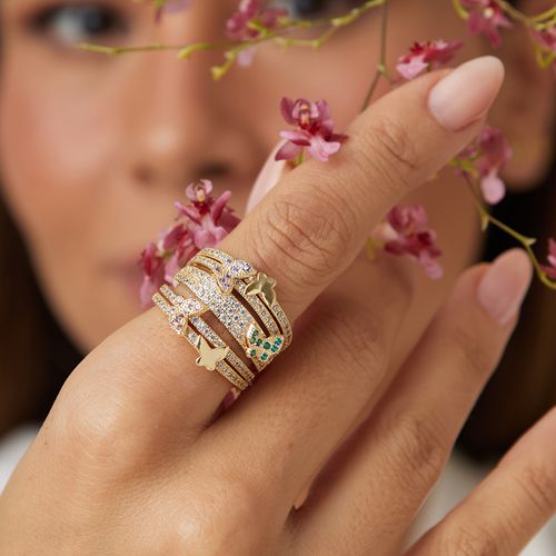 Anel Borboletas Meia Aliança 5 em 1 com Zircônias Coloridas - Banho de Ouro 18k