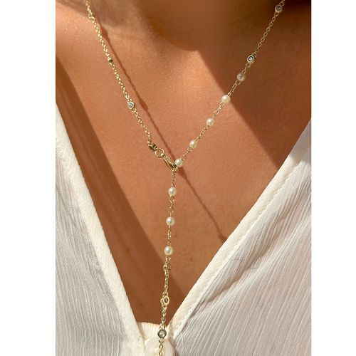 Colar Gota e Pontos com Pérolas Coreanas e Zircônias Brancas 60cm - Banho de Ouro 18k