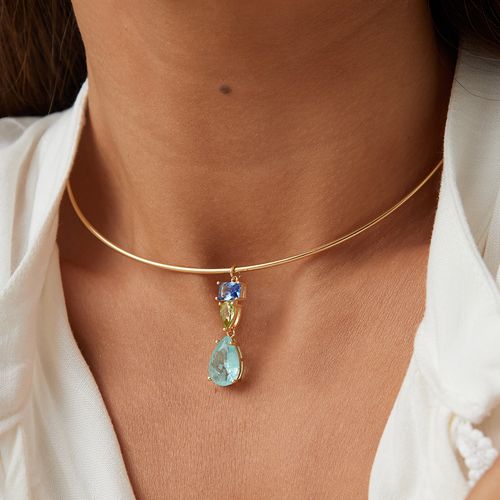 Gargantilha Aro Com Pingente de Fusion Turmalina Light, Cristal London Blue e Cristal Berilo - Banho de Ouro 18k