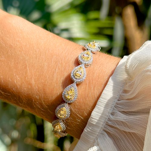 Pulseira Riviera Inteira de Gotas com Zircônias Fancy Yellow e Zircônias Cúbicas Brancas 17cm - Prata 925