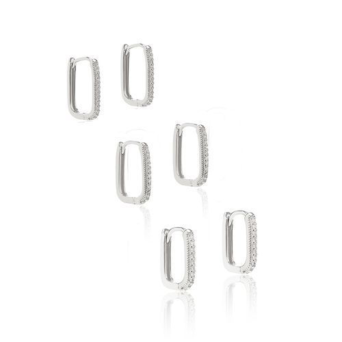 Kit com 3 Pares de Brincos de Argolas Quadradas com 12mm/14mm/16mm de Zircônias Brancas - Prata 925
