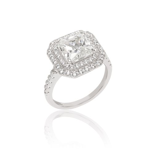 Anel Quadrado Cravejado com Zircônia Ice Cut Light Yellow e Zircônias Brancas - Prata 925