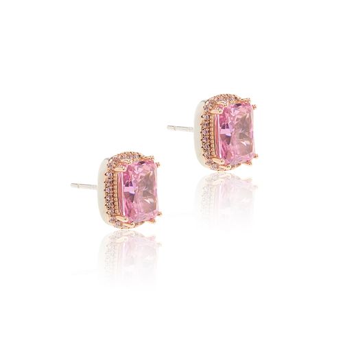 Brinco Retângulo Zircônia Ice Cut Light Pink, Zircônias Rosas e Zircônias Brancas  - Prata 925