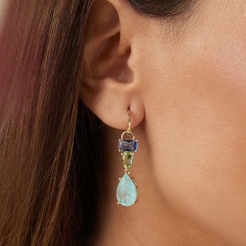 Brinco Earbling Formas de Fusion Turmalina Light, Cristal London Blue e Cristal Berilo - Banho de Ouro 18k