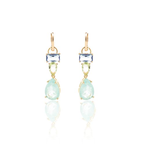 Brinco Earbling Formas de Fusion Turmalina Light, Cristal London Blue e Cristal Berilo - Banho de Ouro 18k