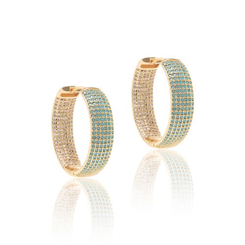 Brinco Argola 28mm com Nano Turquesa e Zircônias Brancas - Banho de Ouro 18k