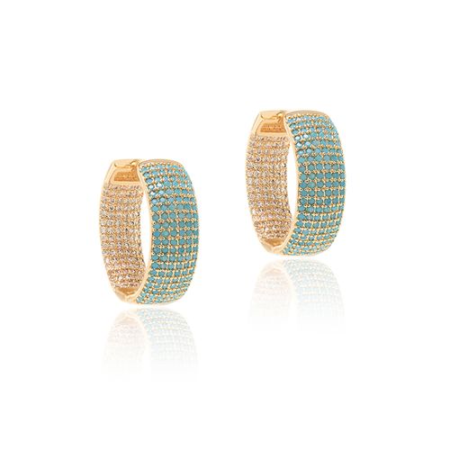Brinco Argola 23mm com Nano Turquesa e Zircônias Brancas - Banho de Ouro 18k