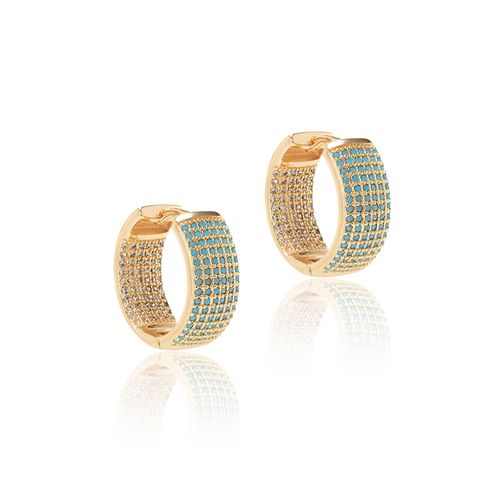 Brinco Argola 18mm com Nano Turquesa e Zircônias Brancas - Banho de Ouro 18k