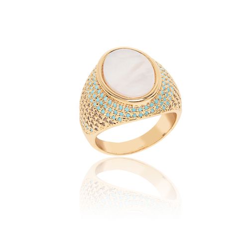 Anel Oval de Madrepérola com Nano Turquesa e Zircônias Brancas - Banho de Ouro 18k