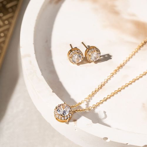 Conjunto com Brinco e Colar Ponto de Luz Redondo de Zircônias Brancas 48cm - Banho de Ouro 18k