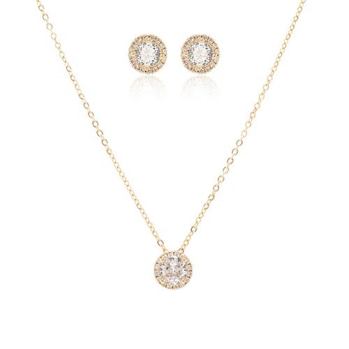 Conjunto com Brinco e Colar Ponto de Luz Redondo de Zircônias Brancas 48cm - Banho de Ouro 18k