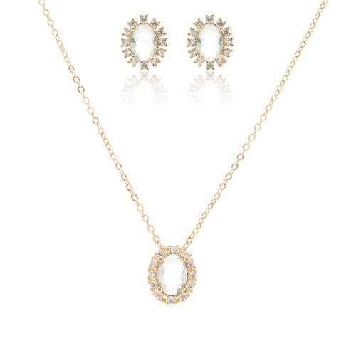 Conjunto com Brinco e Colar Ovalzinho de Cristal Berilo e Zircônias Brancas 45cm - Banho de Ouro 18k