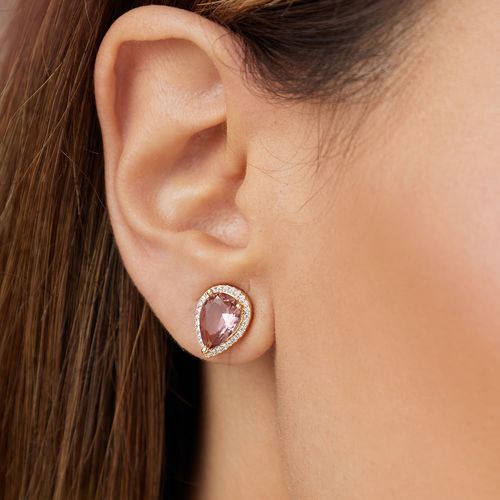 Brinco Gotinha Cravejada com Cristal Rodolita e Zircônias Brancas - Banho de Ouro 18k