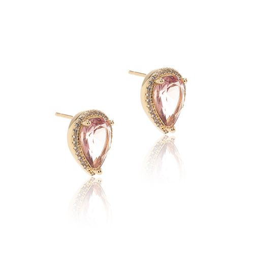 Brinco Gotinha Cravejada com Cristal Rodolita e Zircônias Brancas - Banho de Ouro 18k