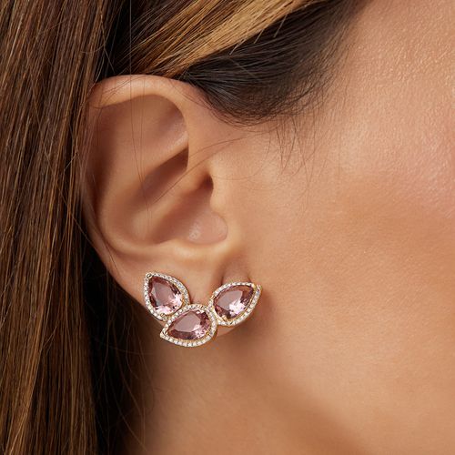 Brinco Earcuff Gotas Cravejadas com Cristal Rodolita e Zircônias Brancas - Banho de Ouro 18k