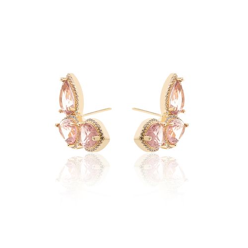 Brinco Earcuff Gotas Cravejadas com Cristal Rodolita e Zircônias Brancas - Banho de Ouro 18k