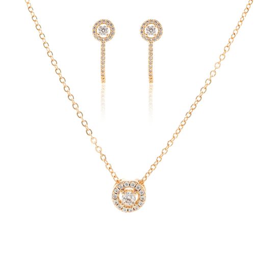 Conjunto de Brinco e Colar Ponto de Luz Redondo com Zircônias Brancas 50cm - Banho de Ouro 18k
