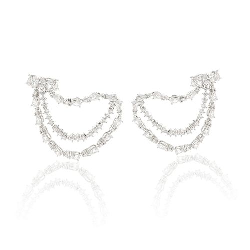 Brinco Earchain de Gotas com Zircônias Brancas - Banho de Ródio Branco