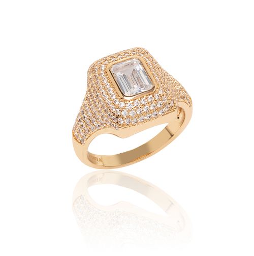 Anel Retângulo com Zircônias Brancas Cravejado na Cravação Inglesa - Banho de Ouro 18k