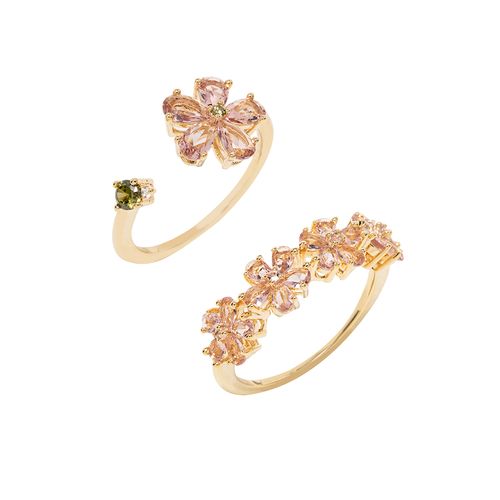 Kit com 2 Anéis Flores de Gotas com Cristal Rodolita, Cristal Peridoto e Zircônias Brancas - Banho de Ouro 18k