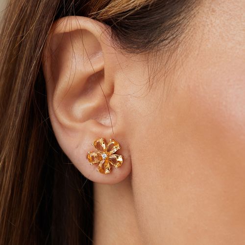 Brinco Top Flores de Gotas com Cristal Citrino e Zircônias Brancas - Banho de Ouro 18k