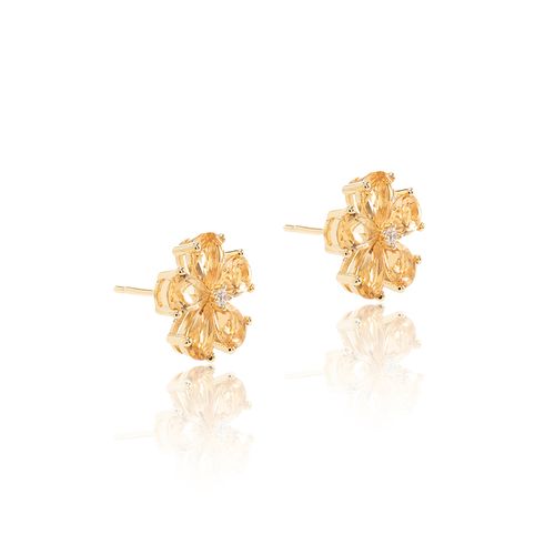 Brinco Top Flores de Gotas com Cristal Citrino e Zircônias Brancas - Banho de Ouro 18k