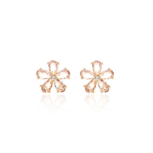 Brinco Top Flores de Gotas com Cristal Rodolita e Zircônias Brancas - Banho de Ouro 18k