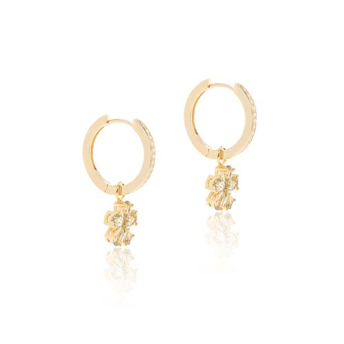 Brinco Argola com Flores de Gotas Cristal Berilo e Zircônias Brancas - Banho de Ouro 18k
