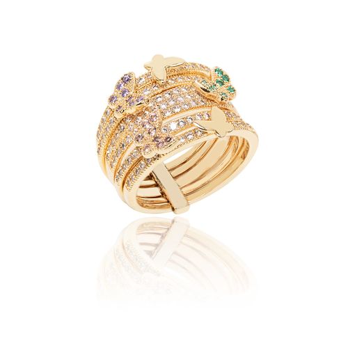 Anel Borboletas Meia Aliança 5 em 1 com Zircônias Coloridas - Banho de Ouro 18k