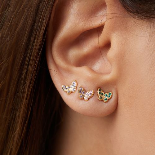Kit com 3 Pares de Brincos de Borboletas com Zircônias Coloridas - Banho de Ouro 18k