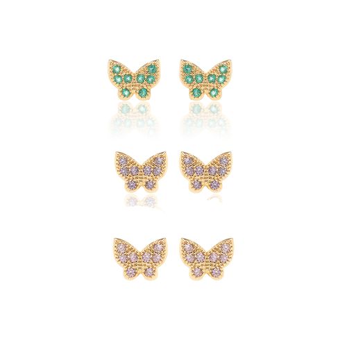 Kit com 3 Pares de Brincos de Borboletas com Zircônias Coloridas - Banho de Ouro 18k