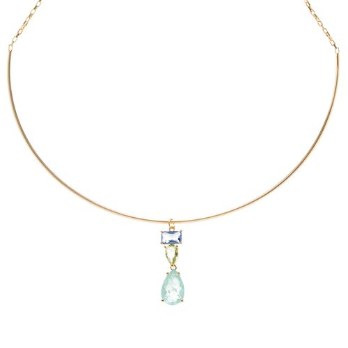 Gargantilha Aro Com Pingente de Fusion Turmalina Light, Cristal London Blue e Cristal Berilo - Banho de Ouro 18k