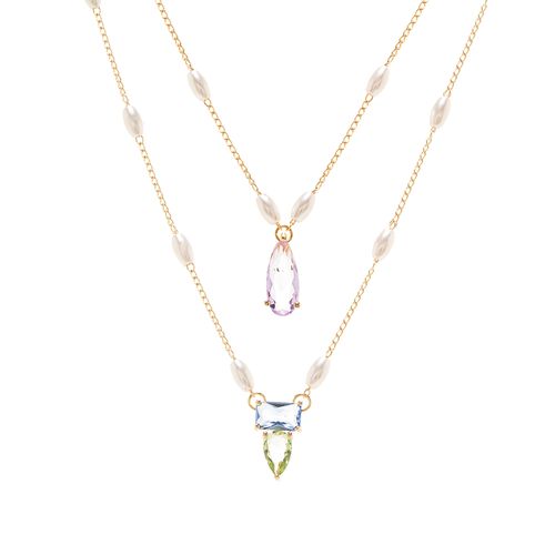 Colar Escapulário Pérolas Coreanas Grão com Cristal Ametista e Cristal London Blue 65cm - Banho de Ouro 18k